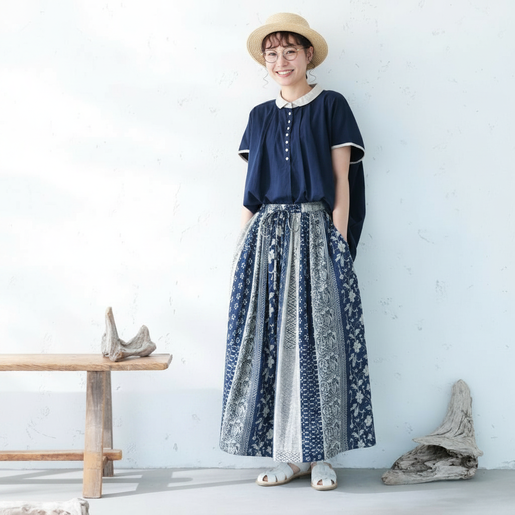 M-2XL 綿麻 通気性良い ポケット付き 植物プリント ロング Aライン スカート M 写真通り