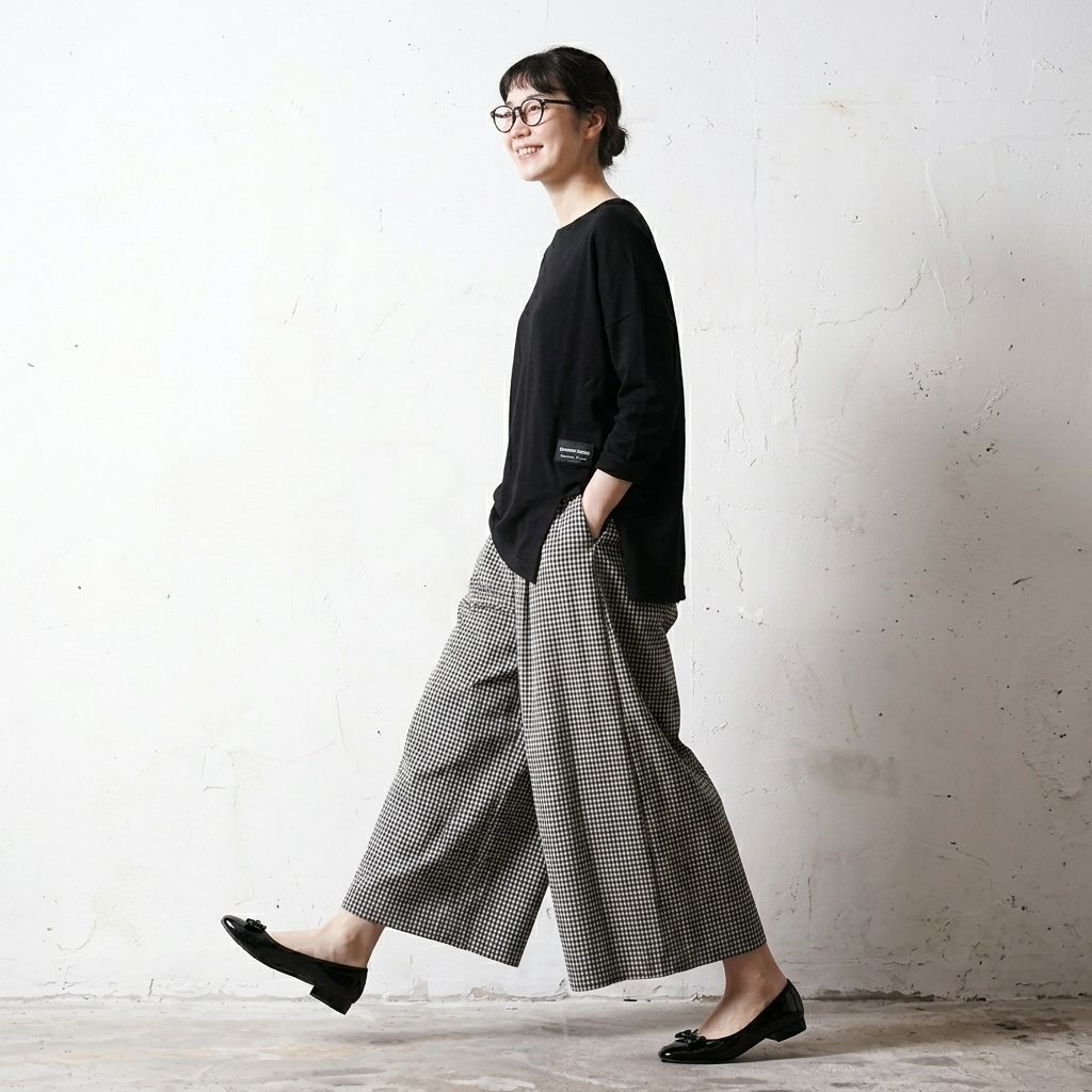 M-2XL 綿麻 ハイウエスト ロング丈 チェック柄 カジュアル ガウチョパンツ M ブラックチェック