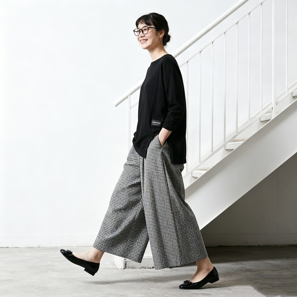 M-2XL 綿麻 ハイウエスト ロング丈 チェック柄 カジュアル ガウチョパンツ M ブラックチェック