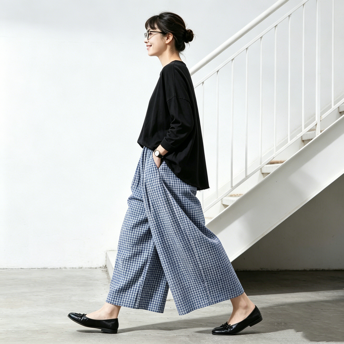 M-2XL 綿麻 ハイウエスト ロング丈 チェック柄 カジュアル ガウチョパンツ M ブラックチェック