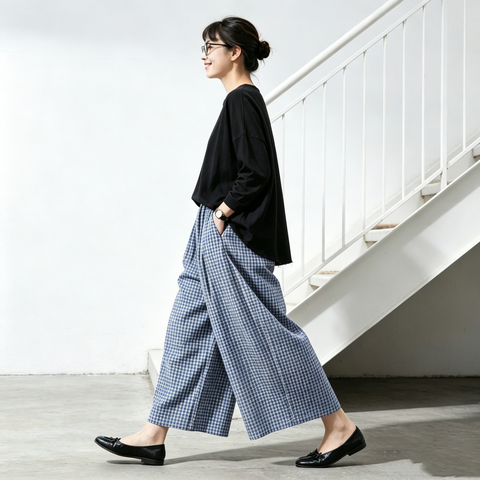 M-2XL 綿麻 ハイウエスト ロング丈 チェック柄 カジュアル ガウチョパンツ M ブラックチェック