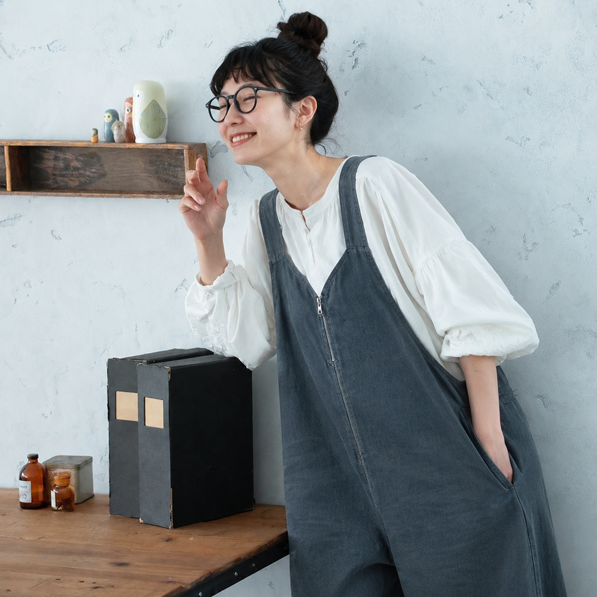 S~L 無地 リボン結び ボウタイ ロング丈 森ガール サロペット S チャコールグレー