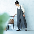 S~L 無地 リボン結び ボウタイ ロング丈 森ガール サロペット L チャコールグレー