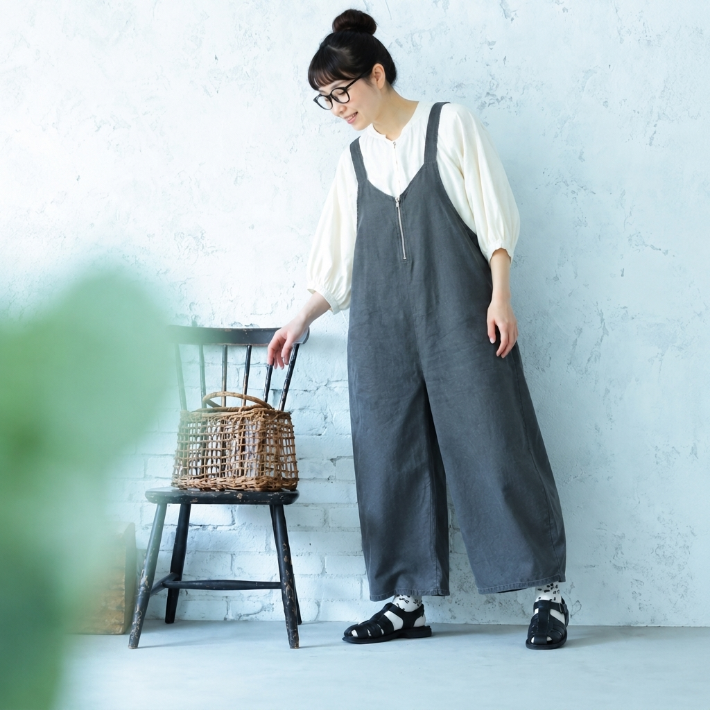 S~L 無地 リボン結び ボウタイ ロング丈 森ガール サロペット L チャコールグレー