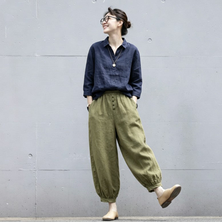 M-3XL 綿麻 ボタンデザイン タマネギパンツ ベーシック カジュアルパンツ 3XL グリーン