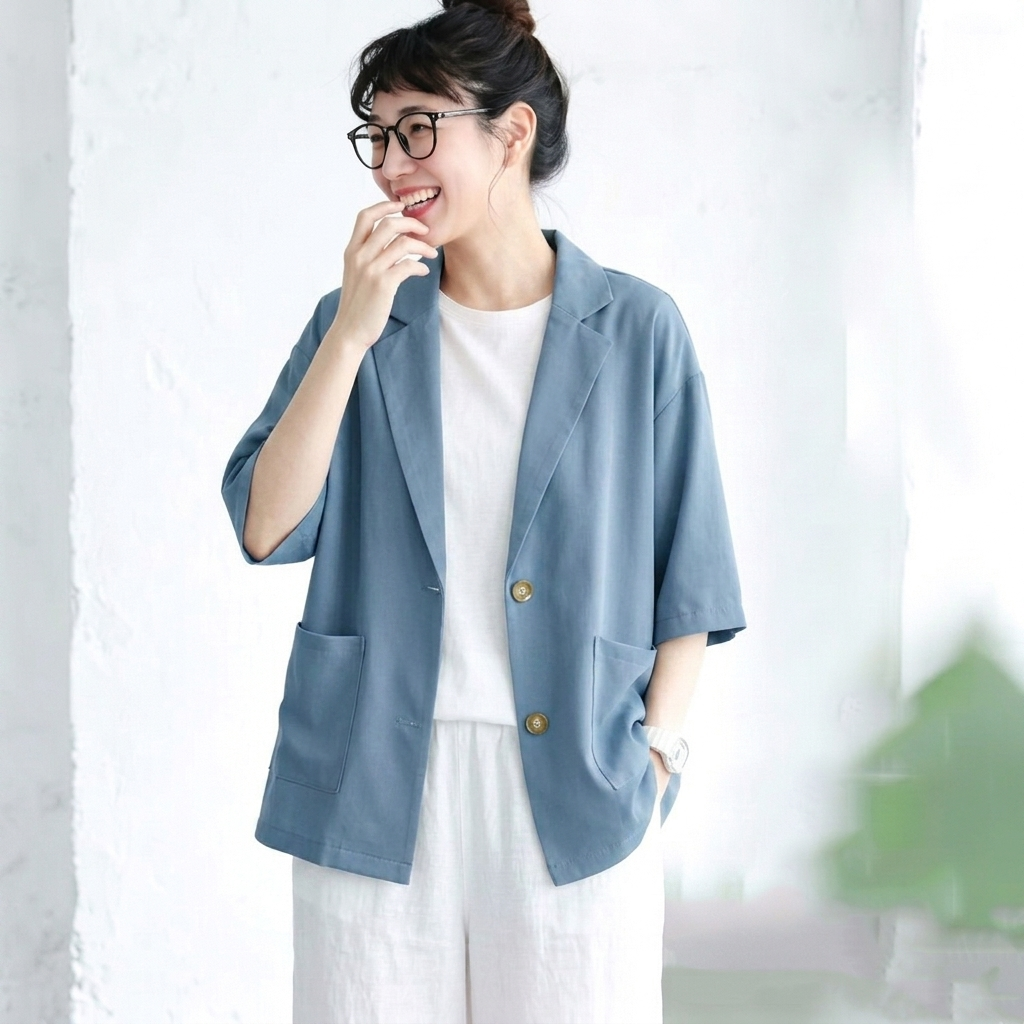 L-XL シフォン 夏でも涼しい 無地 七分袖 ノーマルスリーブ ボタン エレガント スーツジャケット L ブルー