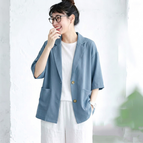L-XL シフォン 夏でも涼しい 無地 七分袖 ノーマルスリーブ ボタン エレガント スーツジャケット L ブルー