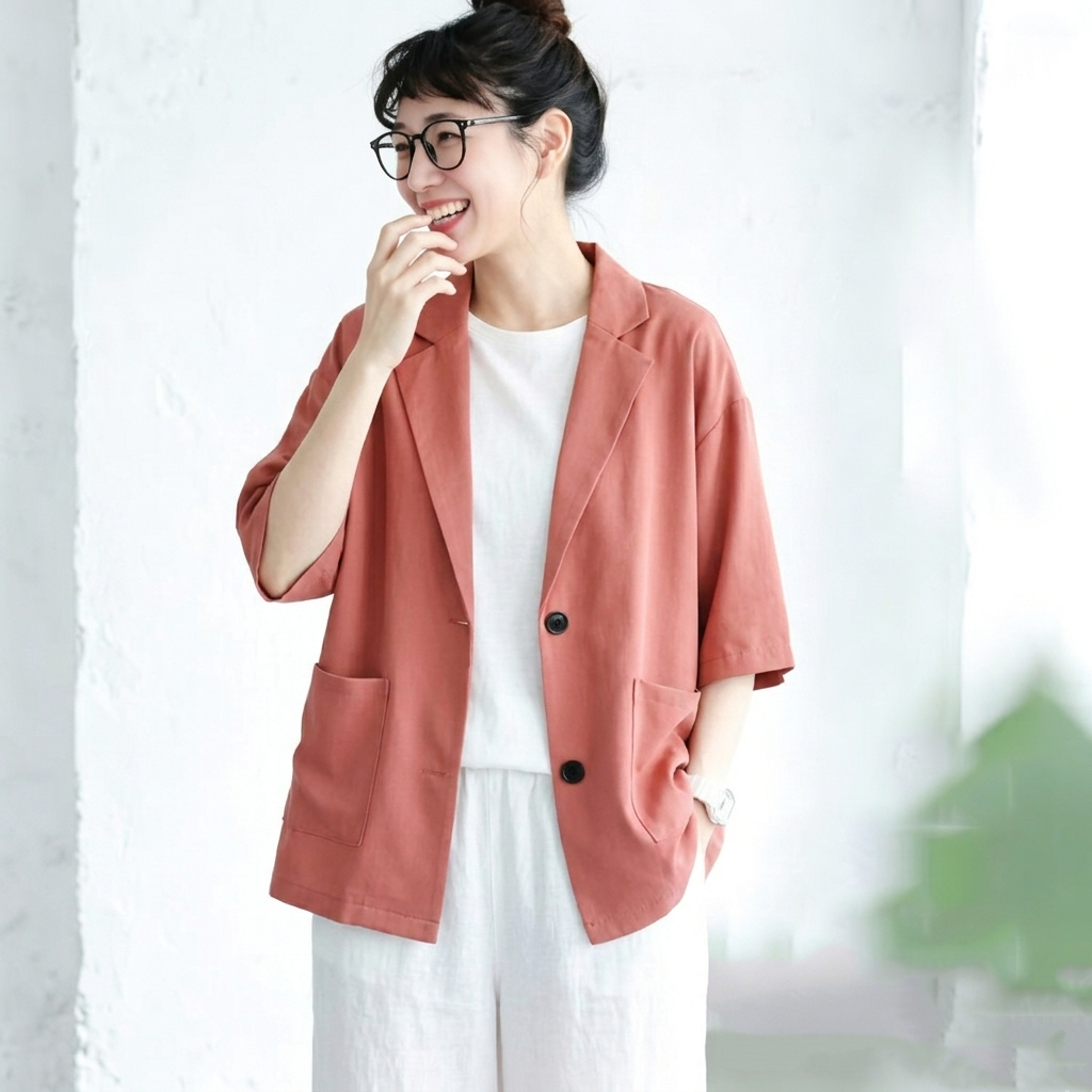 L-XL シフォン 夏でも涼しい 無地 七分袖 ノーマルスリーブ ボタン エレガント スーツジャケット XL ピンク