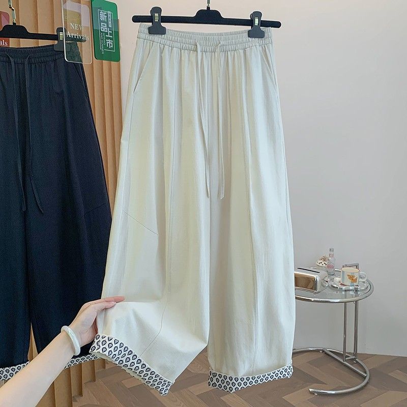 【ナチュラル】M-2XL ロング丈 ハイウエスト ポケット付き プリント カジュアル ガウチョパンツ M アプリコット