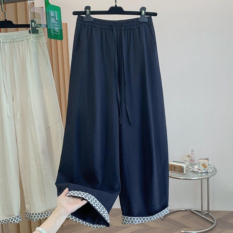 【ナチュラル】M-2XL ロング丈 ハイウエスト ポケット付き プリント カジュアル ガウチョパンツ M アプリコット