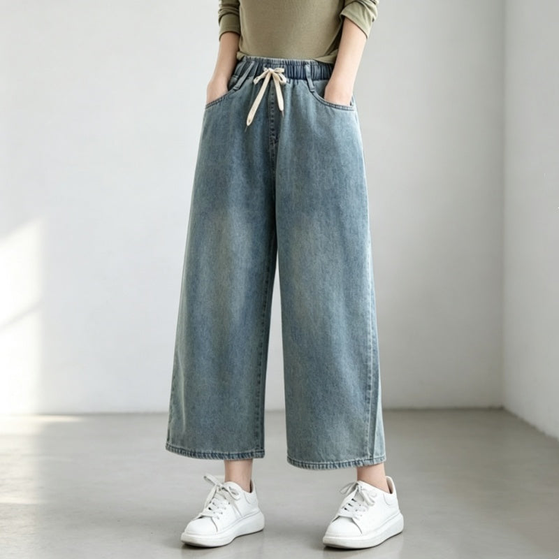M-3XL デニム 無地 ポケット付き アンクル丈（9分丈） カジュアル ガウチョパンツ M ライトブルー