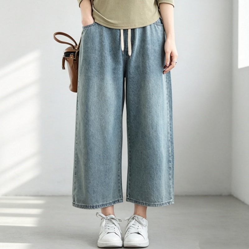 M-3XL デニム 無地 ポケット付き アンクル丈（9分丈） カジュアル ガウチョパンツ M ライトブルー
