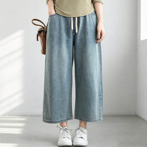 M-3XL デニム 無地 ポケット付き アンクル丈（9分丈） カジュアル ガウチョパンツ M ライトブルー