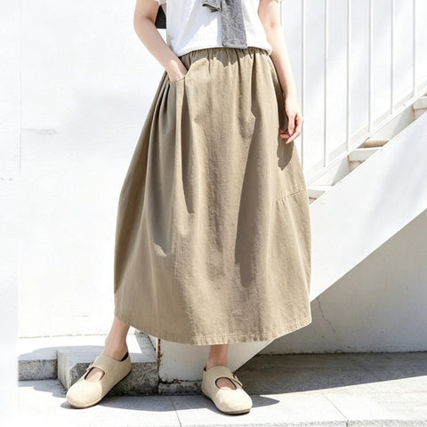 M-2XL 綿麻 通気性良い ポケット付き バルーン スカート 2XL カーキ