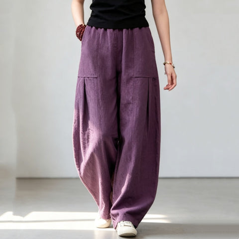 M-4XL リネン ロング丈 ポケット付き 無地 シンプル カジュアルパンツ M オレンジレッド