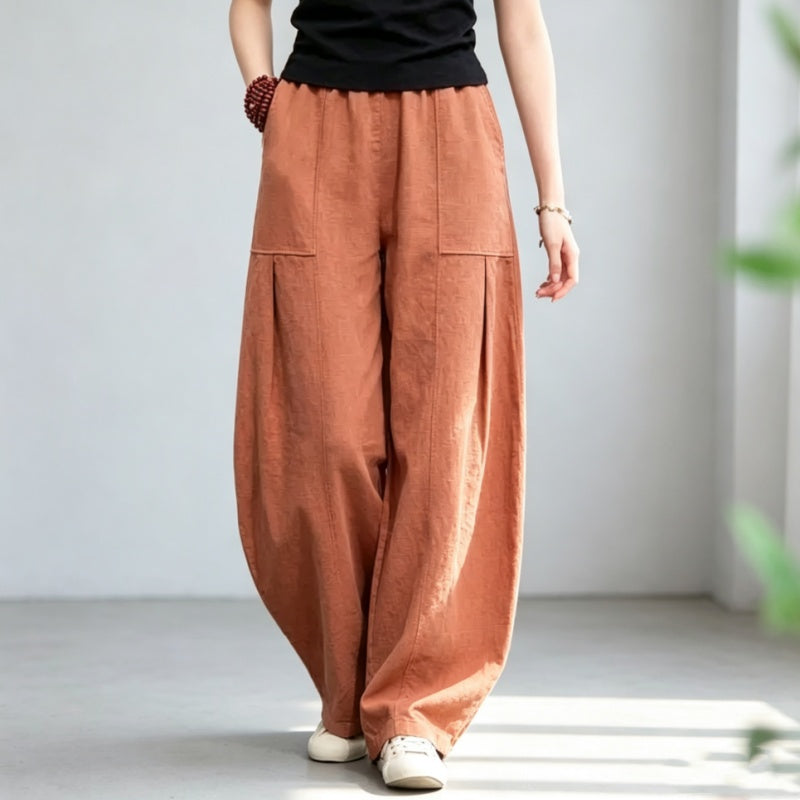 M-4XL リネン ロング丈 ポケット付き 無地 シンプル カジュアルパンツ 4XL オレンジレッド