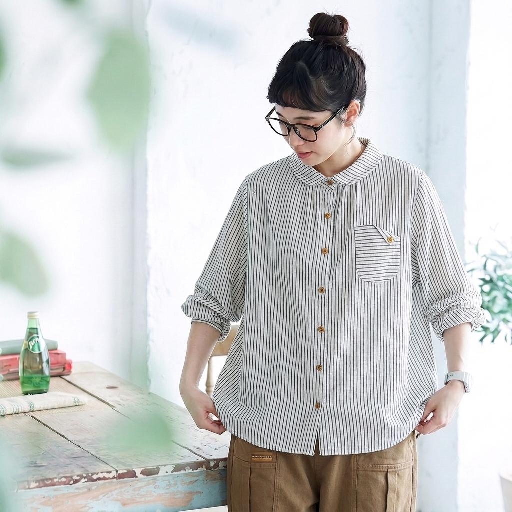 S-3XL 綿麻 柔らかい肌触り ストライプ柄 ボタン 長袖  シャツ S ホワイト