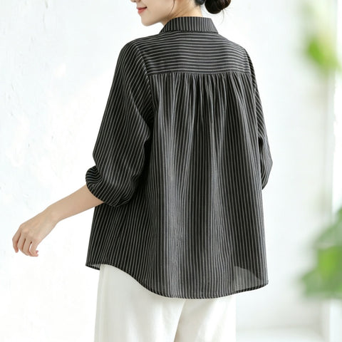S-3XL 綿麻 柔らかい肌触り ストライプ柄 ボタン 長袖  シャツ S ホワイト
