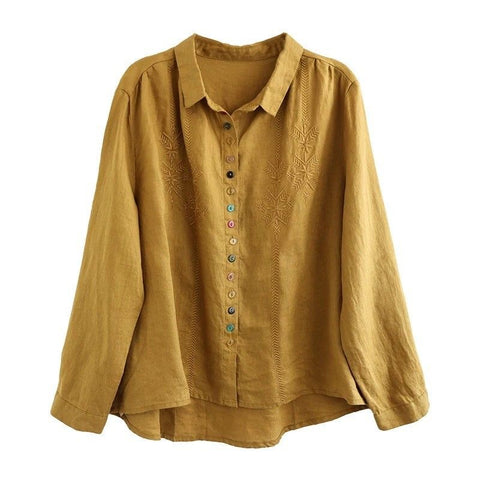 L-2XL 綿麻 刺繍 長袖 ボタン 折り襟 レトロ シャツ L グリーン