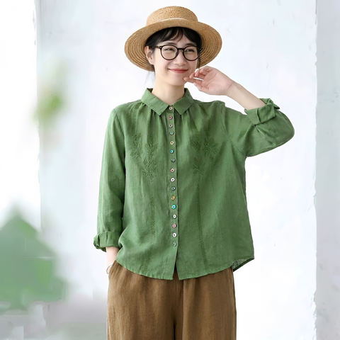 L-2XL 綿麻 刺繍 長袖 ボタン 折り襟 レトロ シャツ L グリーン