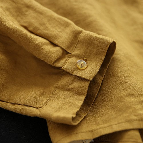 L-2XL 綿麻 刺繍 長袖 ボタン 折り襟 レトロ シャツ L グリーン