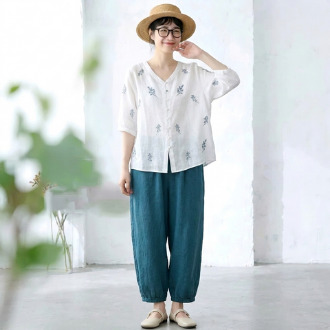 M-2XL 綿麻 肌触り柔らかい セットアップ 刺繍 ボタン ロング丈 五分袖 トップス+パンツ 2XL ホワイト/トップス + ダークグリーン/パンツ【2点セット】