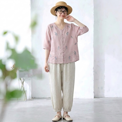 M-2XL 綿麻 肌触り柔らかい セットアップ 刺繍 ボタン ロング丈 五分袖 トップス+パンツ 2XL パープル/トップス + ベージュ/パンツ【2点セット】