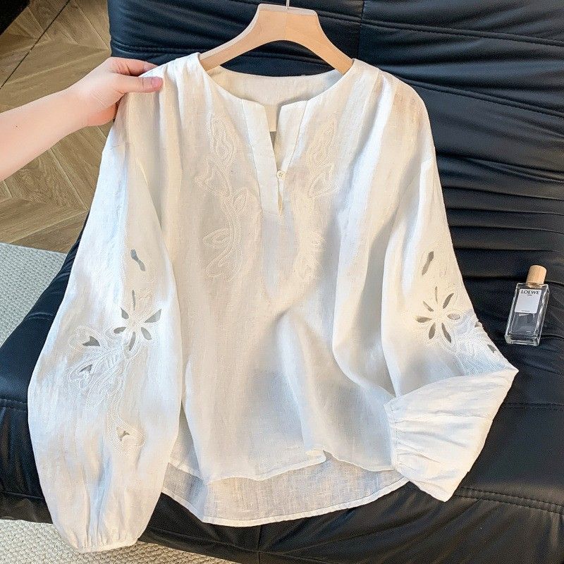 M-2XL リネン カットワーク 刺繍 シンプル シャツ M ホワイト