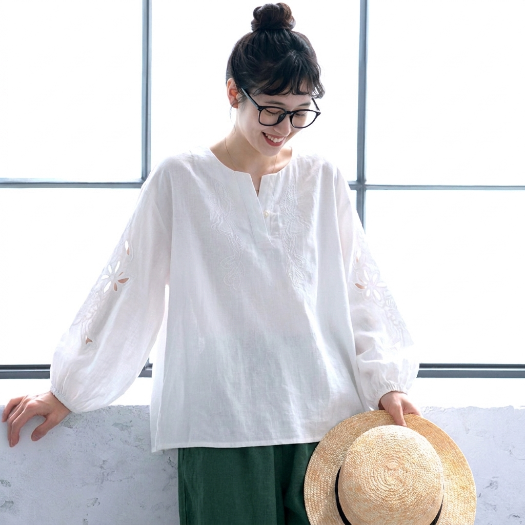 M-2XL リネン カットワーク 刺繍 シンプル シャツ M ホワイト