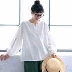 M-2XL リネン カットワーク 刺繍 シンプル シャツ M ホワイト