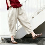 【ついに再入荷！】S-5XL  綿麻 無地 ハイウエスト アンクル丈（9分丈） ポケット付き ガウチョパンツ 5XL ナチュラル