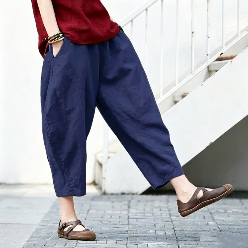 【ついに再入荷！】S-5XL  綿麻 無地 ハイウエスト アンクル丈（9分丈） ポケット付き ガウチョパンツ 5XL ネイビー
