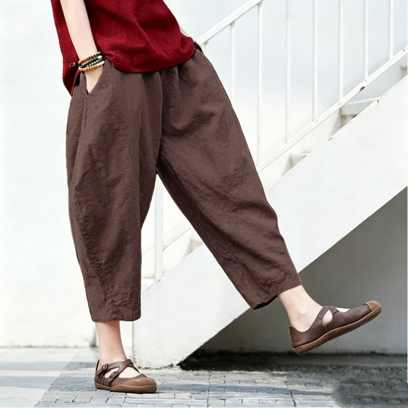 【ついに再入荷！】S-5XL  綿麻 無地 ハイウエスト アンクル丈（9分丈） ポケット付き ガウチョパンツ 5XL ブラウン