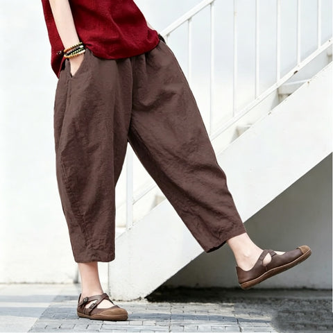 【ついに再入荷！】S-5XL  綿麻 無地 ハイウエスト アンクル丈（9分丈） ポケット付き ガウチョパンツ S ワインレッド