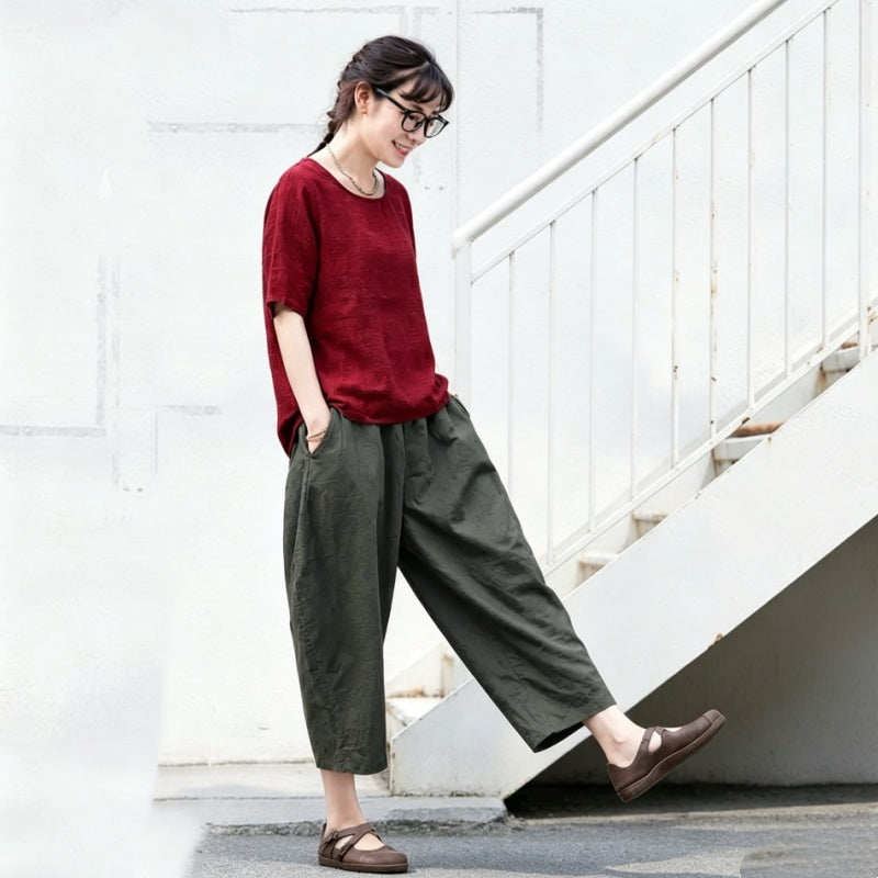 【ついに再入荷！】S-5XL  綿麻 無地 ハイウエスト アンクル丈（9分丈） ポケット付き ガウチョパンツ S ワインレッド