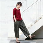 【ついに再入荷！】S-5XL  綿麻 無地 ハイウエスト アンクル丈（9分丈） ポケット付き ガウチョパンツ S ワインレッド