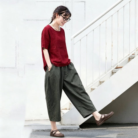 【ついに再入荷！】S-5XL  綿麻 無地 ハイウエスト アンクル丈（9分丈） ポケット付き ガウチョパンツ S ワインレッド