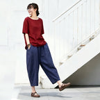 【ついに再入荷！】S-5XL  綿麻 無地 ハイウエスト アンクル丈（9分丈） ポケット付き ガウチョパンツ S ワインレッド