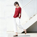 【ついに再入荷！】S-5XL  綿麻 無地 ハイウエスト アンクル丈（9分丈） ポケット付き ガウチョパンツ S ワインレッド