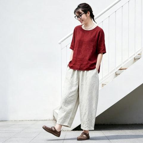 【ついに再入荷！】S-5XL  綿麻 無地 ハイウエスト アンクル丈（9分丈） ポケット付き ガウチョパンツ S ワインレッド