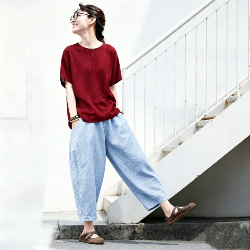【ついに再入荷！】S-5XL  綿麻 無地 ハイウエスト アンクル丈（9分丈） ポケット付き ガウチョパンツ S ワインレッド