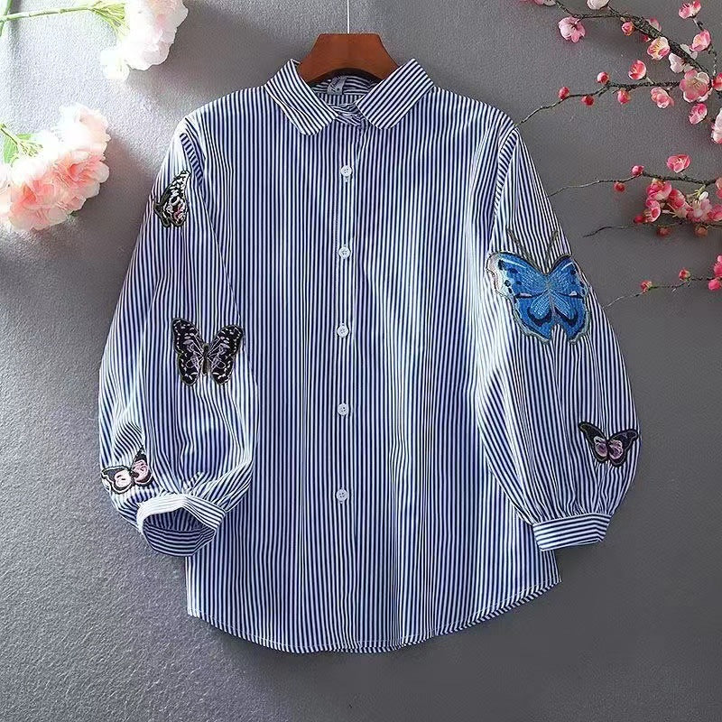 M-3XL ちょっと遊んで蝶々刺繍シャツ ランタンスリーブ 長袖 ラウンドネック 刺繍 シンプル シャツ M ホワイト