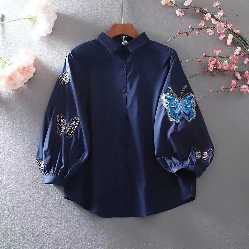 M-3XL ちょっと遊んで蝶々刺繍シャツ ランタンスリーブ 長袖 ラウンドネック 刺繍 シンプル シャツ M ホワイト