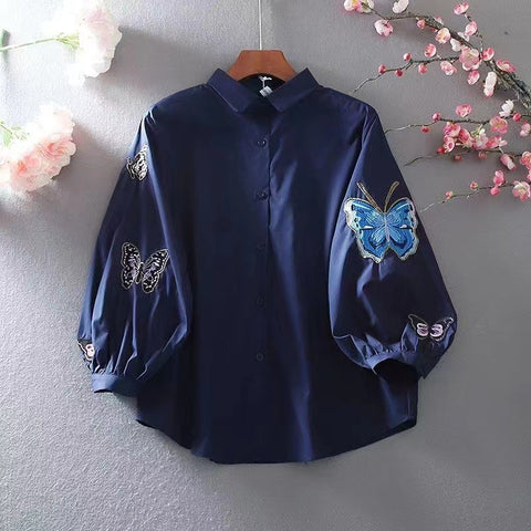 M-3XL ちょっと遊んで蝶々刺繍シャツ ランタンスリーブ 長袖 ラウンドネック 刺繍 シンプル シャツ M ホワイト