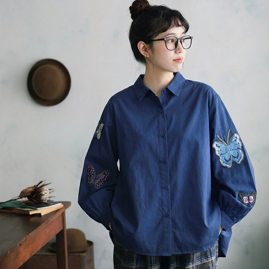 M-3XL ちょっと遊んで蝶々刺繍シャツ ランタンスリーブ 長袖 ラウンドネック 刺繍 シンプル シャツ 3XL ネイビー