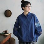 M-3XL ちょっと遊んで蝶々刺繍シャツ ランタンスリーブ 長袖 ラウンドネック 刺繍 シンプル シャツ 3XL ネイビー