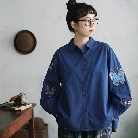 M-3XL ちょっと遊んで蝶々刺繍シャツ ランタンスリーブ 長袖 ラウンドネック 刺繍 シンプル シャツ 3XL ネイビー