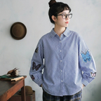 M-3XL ちょっと遊んで蝶々刺繍シャツ ランタンスリーブ 長袖 ラウンドネック 刺繍 シンプル シャツ 3XL ブルー