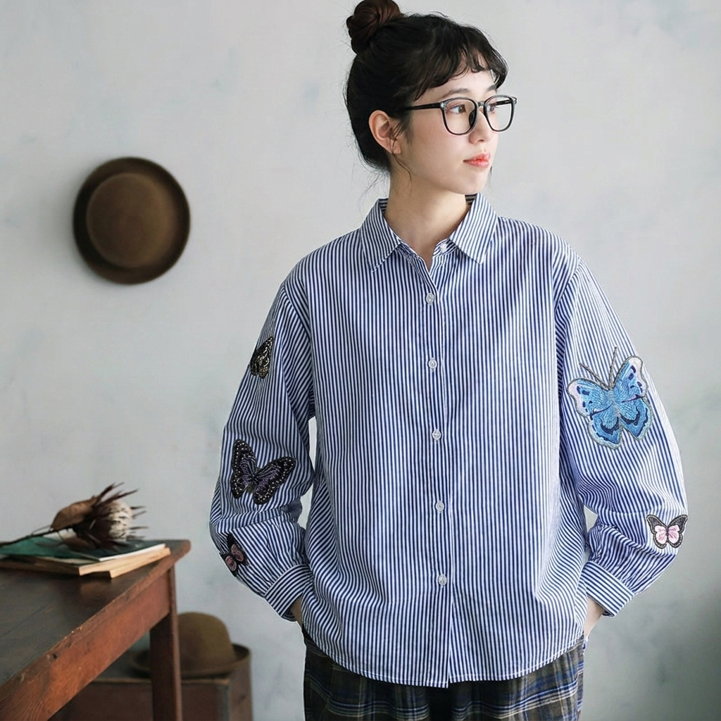 M-3XL ちょっと遊んで蝶々刺繍シャツ ランタンスリーブ 長袖 ラウンドネック 刺繍 シンプル シャツ 3XL ブルー