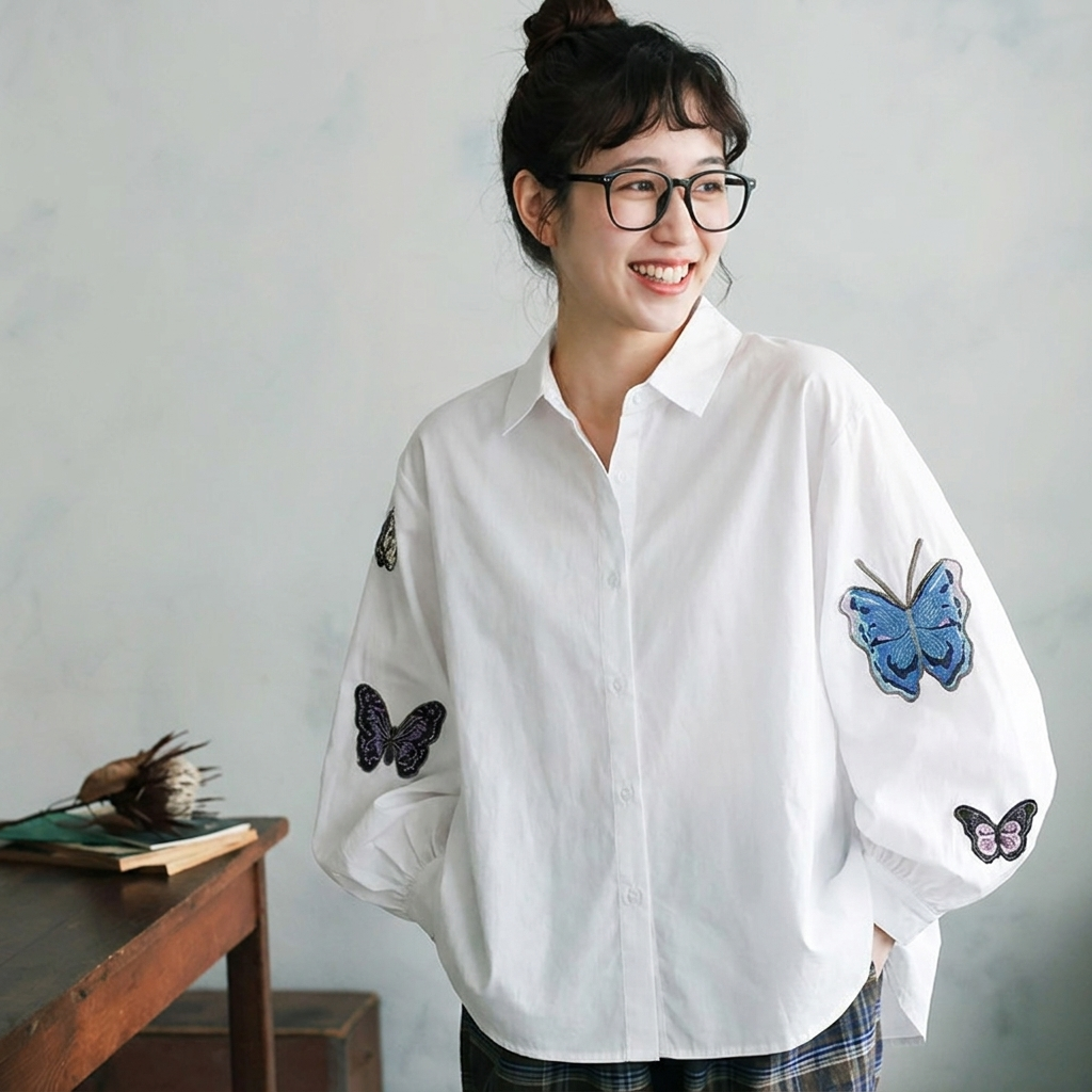 M-3XL ちょっと遊んで蝶々刺繍シャツ ランタンスリーブ 長袖 ラウンドネック 刺繍 シンプル シャツ 3XL ホワイト